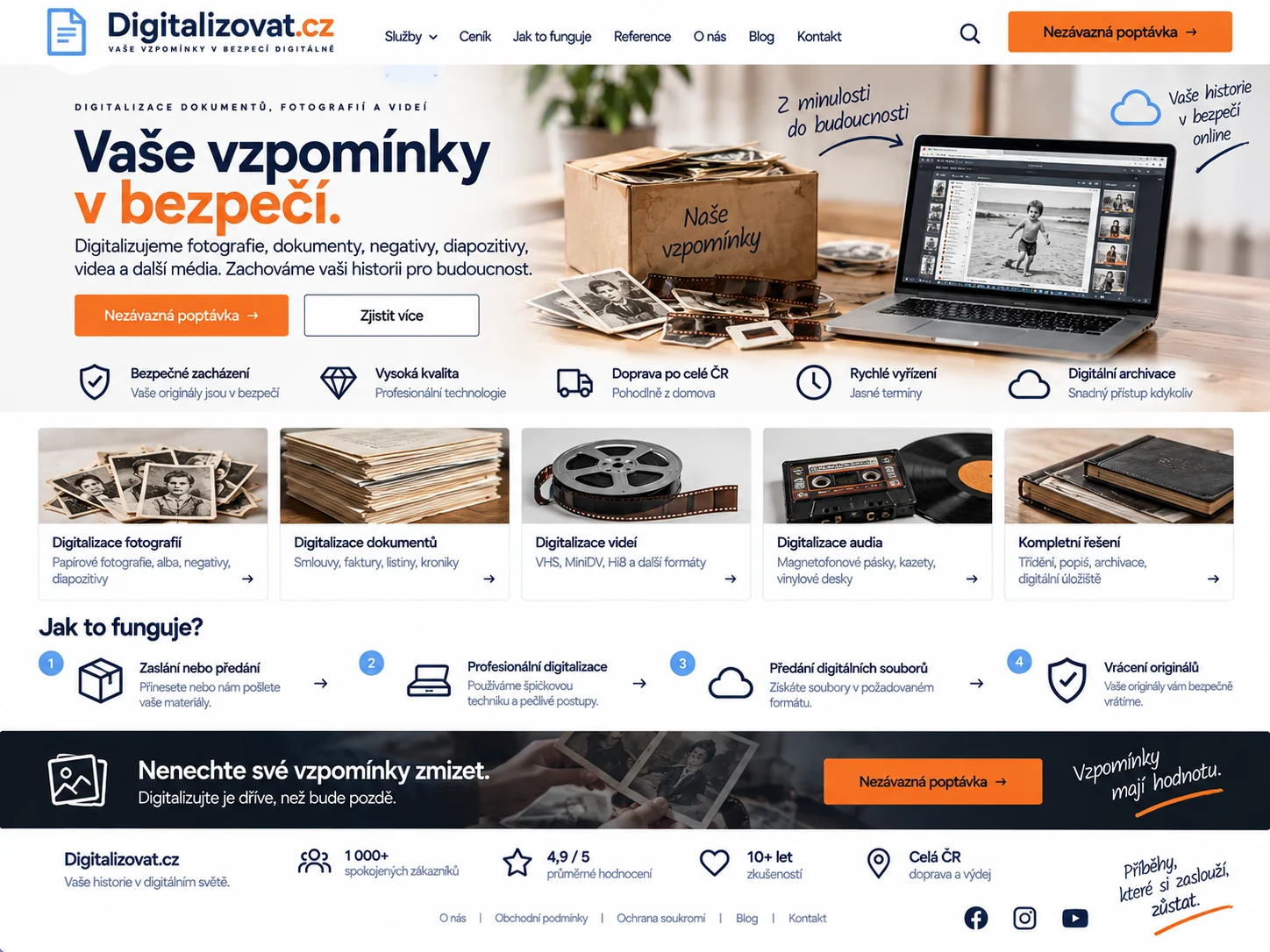 Ilustrační návrh možného webu Digitalizovat.cz zaměřeného na digitalizaci fotografií, dokumentů, videí a dalších médií